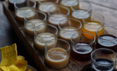 Coffee and juice flight with plantain chips.