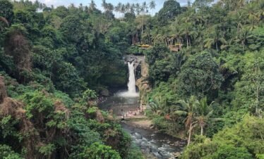 A picturesque tropical waterfall cascading amidst lush greenery and blue skies in a rural setting.