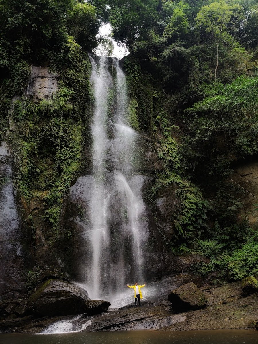 A man standing in front of a waterfall
