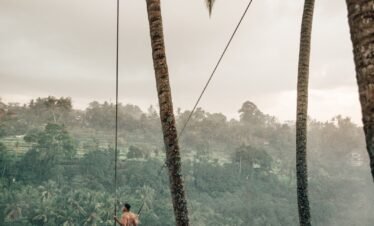man riding swing near trees at daytime