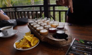 Coffee samples are being tasted at a coffee shop.