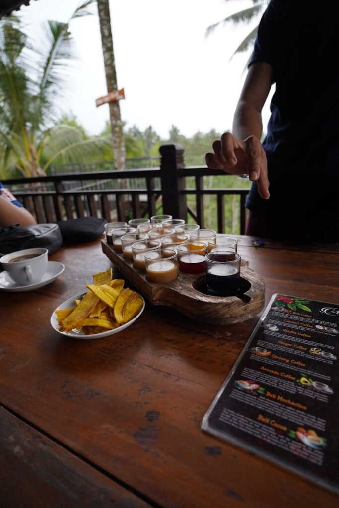 Coffee samples are being tasted at a coffee shop.